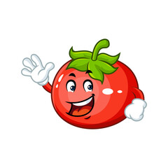 Happy smiling cartoon tomato character waving, isolated on white background.