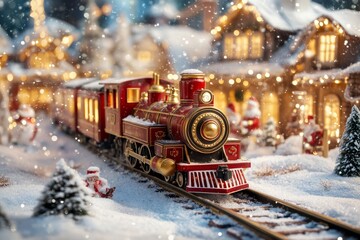 Christmas train travels through snowy Santa village, surrounded by twinkling lights and festive decorations during winter season