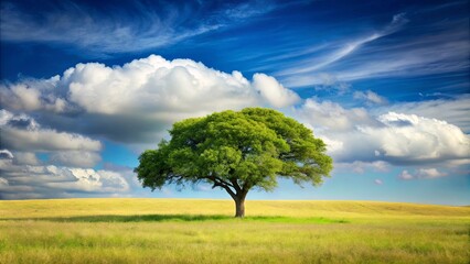 Fototapeta premium Solitary tree with cascading foliage in wide open expanse nature landscape