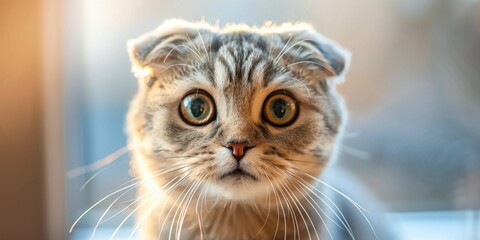 Charming feline with folded ears gazing at the lens, emphasizing pet care, with ample space for text.