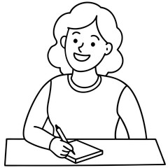smiling-woman-sit-at-desk-writing