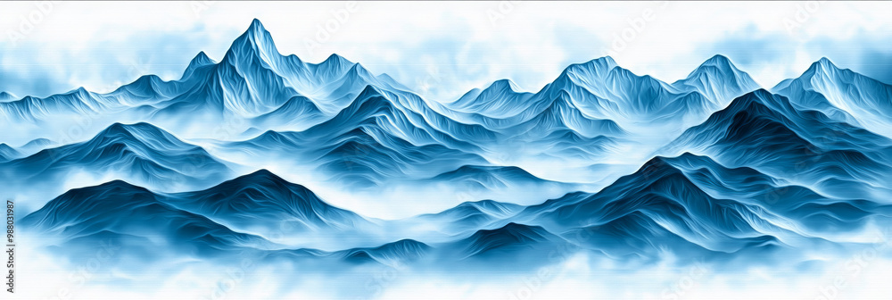 Sticker A picturesque mountain range shrouded in mist, showcasing shades of blue.