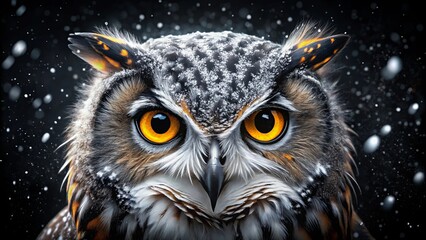 Close up of majestic owl's face with yellow eyes and snowflakes on black background
