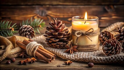 Cozy candle with pinecone and cinnamon stick on table in warm home setting