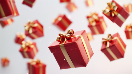 Flying red gifts on a white background – perfect for holiday themes, celebrations, and gift-giving