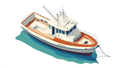 Naklejka premium Tranquil Retro Fishing Boat Top View - Minimalist 2D Flat Vector Illustration