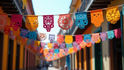Decorative Papel Picado, A string of colorful papel picado (cut-paper banners) hanging across a street, with intricate designs depicting skeletons, skulls, and flowers, fluttering in the wind.
