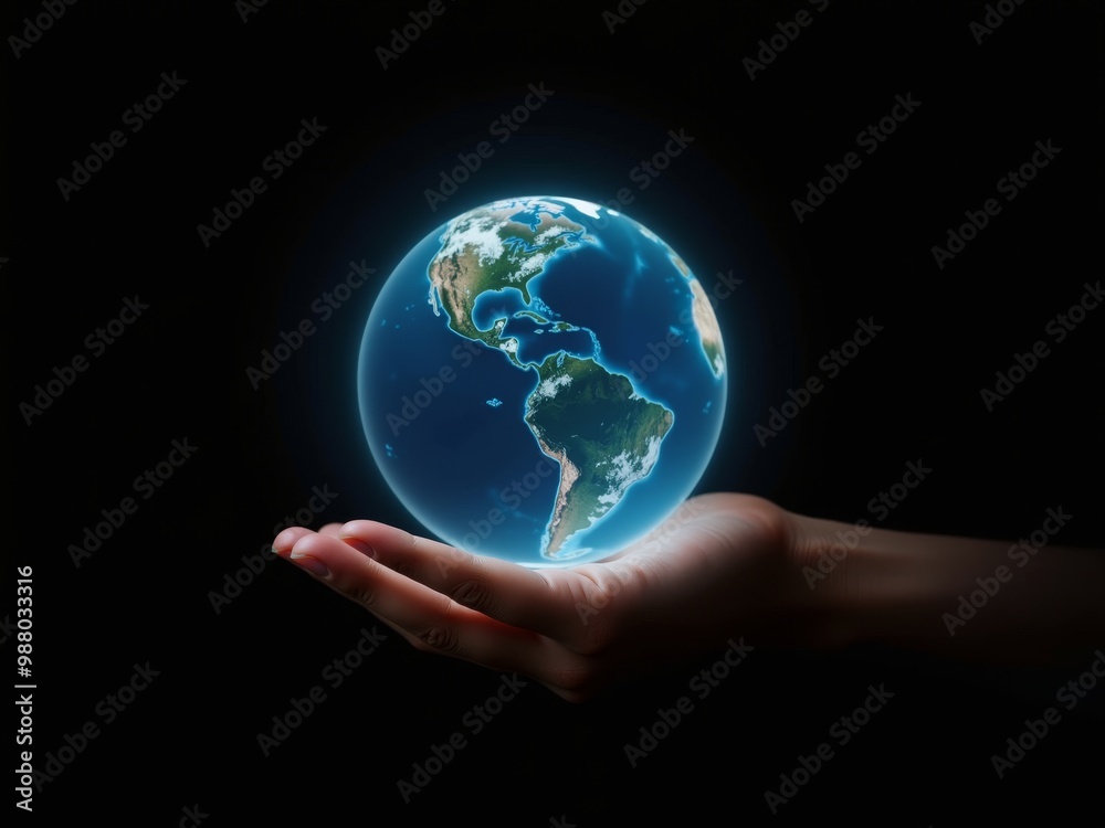 Wall mural A Person Holding a World Globe Hologram In His Hands. isolated on black background.