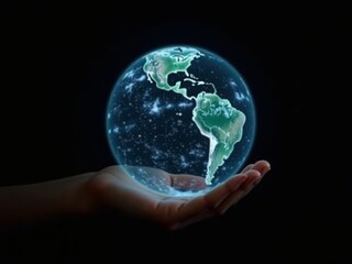 A Person Holding a World Globe Hologram In His Hands. isolated on black background.