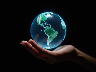 A Person Holding a World Globe Hologram In His Hands. isolated on black background.