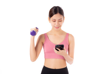 Portrait young asian woman lifting dumbbell and watching smartphone isolated white background, female fitness workout training holding dumbbell for muscle strong and strength, sport and health care.