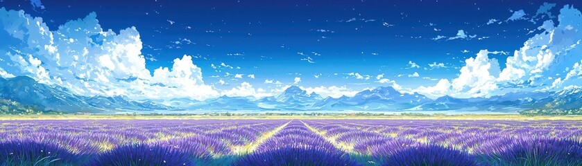 Naklejka premium Aerial View of Lavender Fields in Anime Style