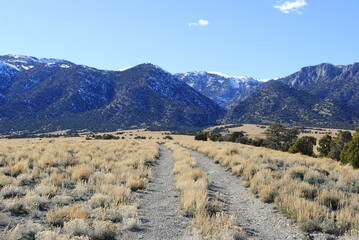Dirt road leading through the desert valley with beautiful snow capped mountains in the distance