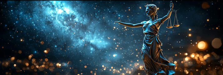 Lady Justice stands tall against a starry night sky.