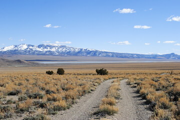Dirt road leading through the desert valley with beautiful snow capped mountains in the distance