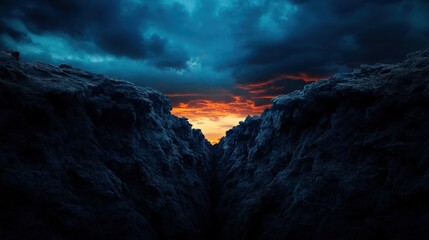 Fototapeta premium A dramatic landscape featuring a deep canyon under a moody sky, illuminated by a striking sunset on the horizon.