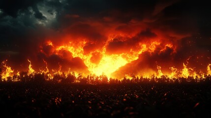 A dramatic fire explosion with vivid flames and ominous clouds, capturing the intensity of the scene in stunning detail.