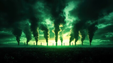 A dramatic scene of pollution, featuring smokestacks emitting dark smoke into a greenish sky, signifying environmental issues.