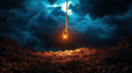 Fototapeta premium A dramatic scene of an illuminated light hanging in a dark, moody landscape beneath stormy clouds.