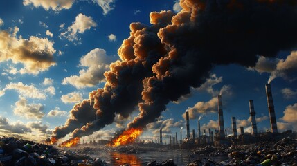 A dramatic scene of industrial pollution, showcasing dark smoke rising from factories against a vibrant sunset sky.