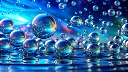 Naklejka premium Abstract bubbles floating on a vibrant blue surface with shimmering water droplets