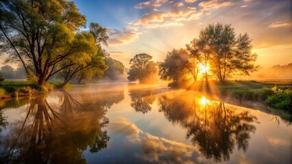 Sunset over River with Trees and Fog, Sunlight Through Trees on Bank