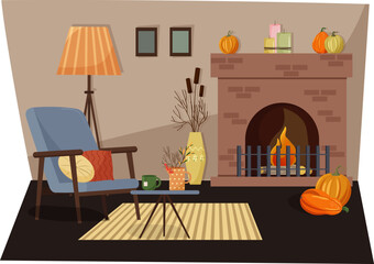 Living room interior with fireplace. Cozy autumn in hygge style. Armchair with pillows. Floor lamp and coffee table. Pumpkin decor by the fireplace. Vector illustration