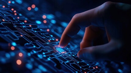 Fototapeta premium A hand interacting with a glowing circuit board, symbolizing technology, innovation, and digital connection in a futuristic setting.