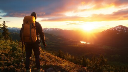 Fototapeta premium A lone hiker gazes at a breathtaking sunset over mountains, embracing nature's beauty and adventure.