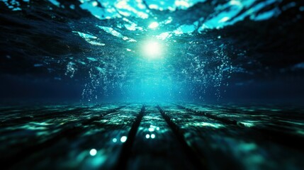 Obraz premium A serene underwater scene illuminated by soft light, showcasing tranquil water, bubbles, and a wooden surface in focus.