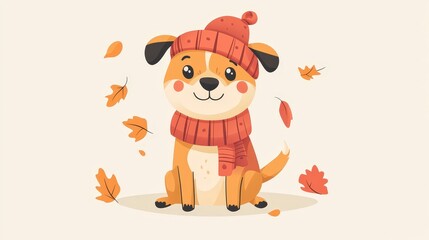 Fototapeta premium Cozy Autumn Dog - Cute 2D Flat Vector Illustration of Adorable Puppy in Scarf and Hat on Transparent Background with Pastel Colors