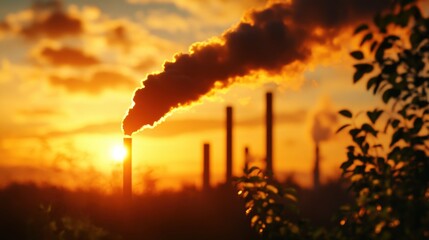 A stunning sunset silhouetted against industrial smokestacks, showcasing air pollution and environmental impact on nature.