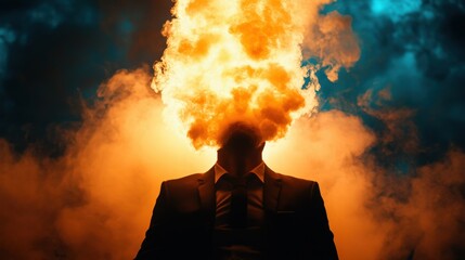 A surreal image depicting a man in a suit with flames erupting from his head, creating a striking and dramatic visual effect.