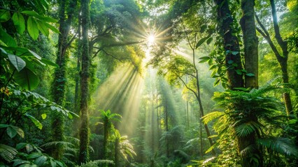 Obraz premium Sunlight streaming through lush tropical rainforest trees in Costa Rica jungle