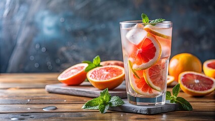 Refreshing grapefruit infused water with ice cubes in a clear glass drinkware