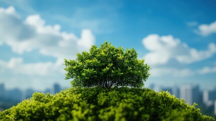 Fototapeta premium A vibrant green tree atop a hill, surrounded by a blue sky and clouds, reflecting nature's beauty in an urban landscape.