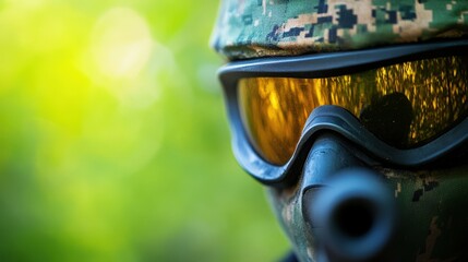 Fototapeta premium Close-up of a soldier wearing a camouflaged helmet and protective goggles, ready for action in a natural environment.