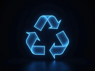 Blue hologram recycling icon isolated on black background.