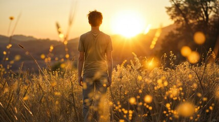 Fototapeta premium A person stands in a glowing golden field, watching the sunset in the distance, symbolizing peace, reflection, and connection with nature..