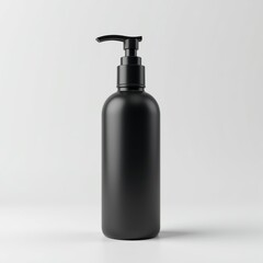 Realistic black bottle with batcher pump, for gel, soap, body wash, lotion, shampoo, on white background.