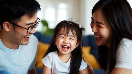 Fototapeta premium A young Asian couple is playing with their daughter on the sofa, smiling and laughing happily in front of them