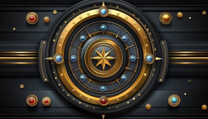Ornate Golden Compass with Gemstones and Black Background