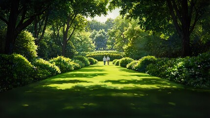 Naklejka premium Couple walking on a path in a lush green garden.