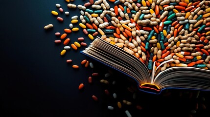 Craft a detailed CGI rendering showcasing a towering book with pages made of various allergens like peanuts and dairy products, representing educational awareness on food allergies