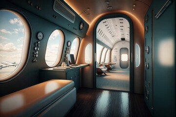 Elegant private jet interior featuring a comfortable seating area, work desk, and large windows showcasing an aircraft in the background...