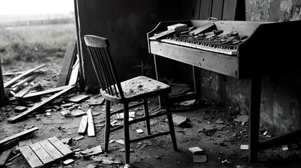 Black and white photo of an abandoned piano and chair in a dilapidated room.