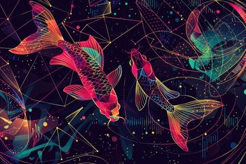 Vibrant pisces zodiac sign art with colorful fish and cosmic elements for astrology themes. AI