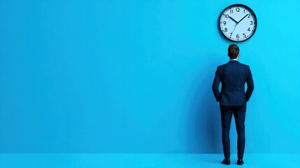 Businessman looking at clock on blue wall