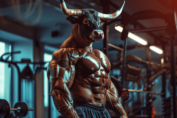 Muscled Bull with Biceps and Abs in Gym
