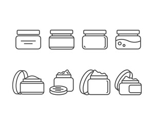 Collection vector icons of beauty, cosmetics and care. Bottle, jar, shower gel, face cream, body lotion, spray, ointment, paste.